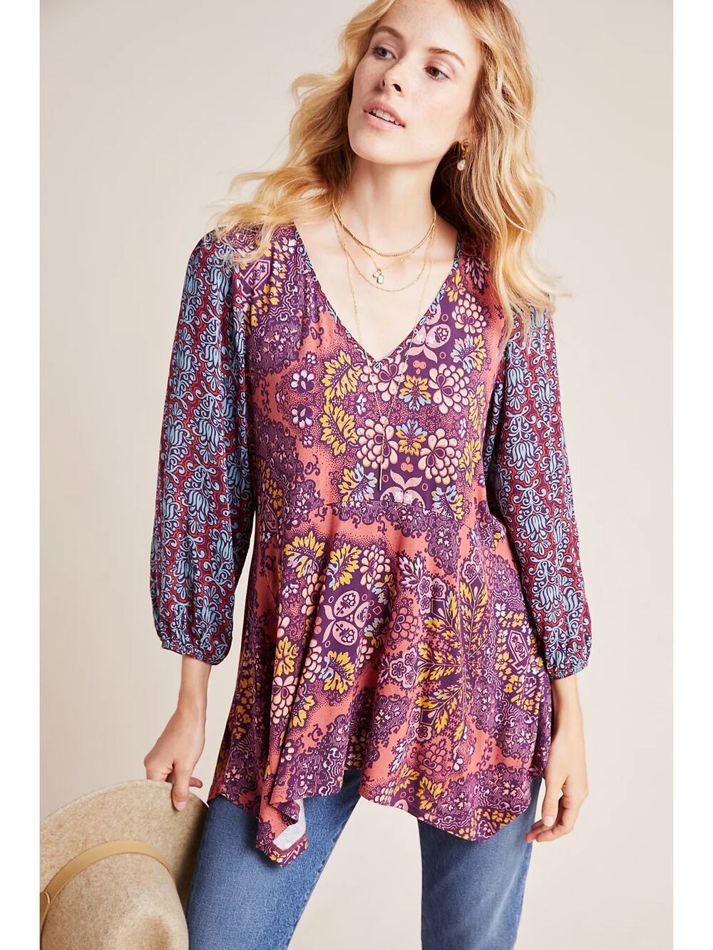 Maeve by Anthropologie Boho Mixed Media Floral Patterned Modal Blouse